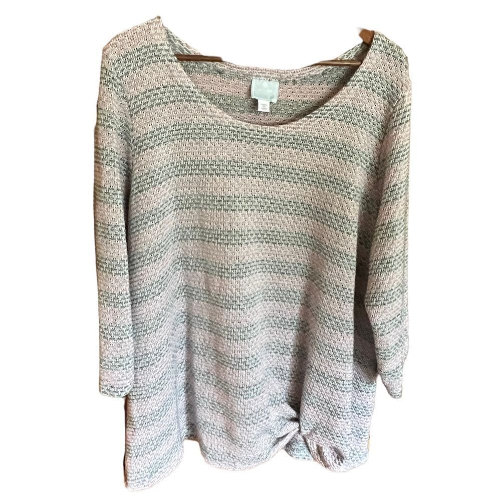 Sunday pink and green striped tunic sweater‎ with twist detail at left front hem